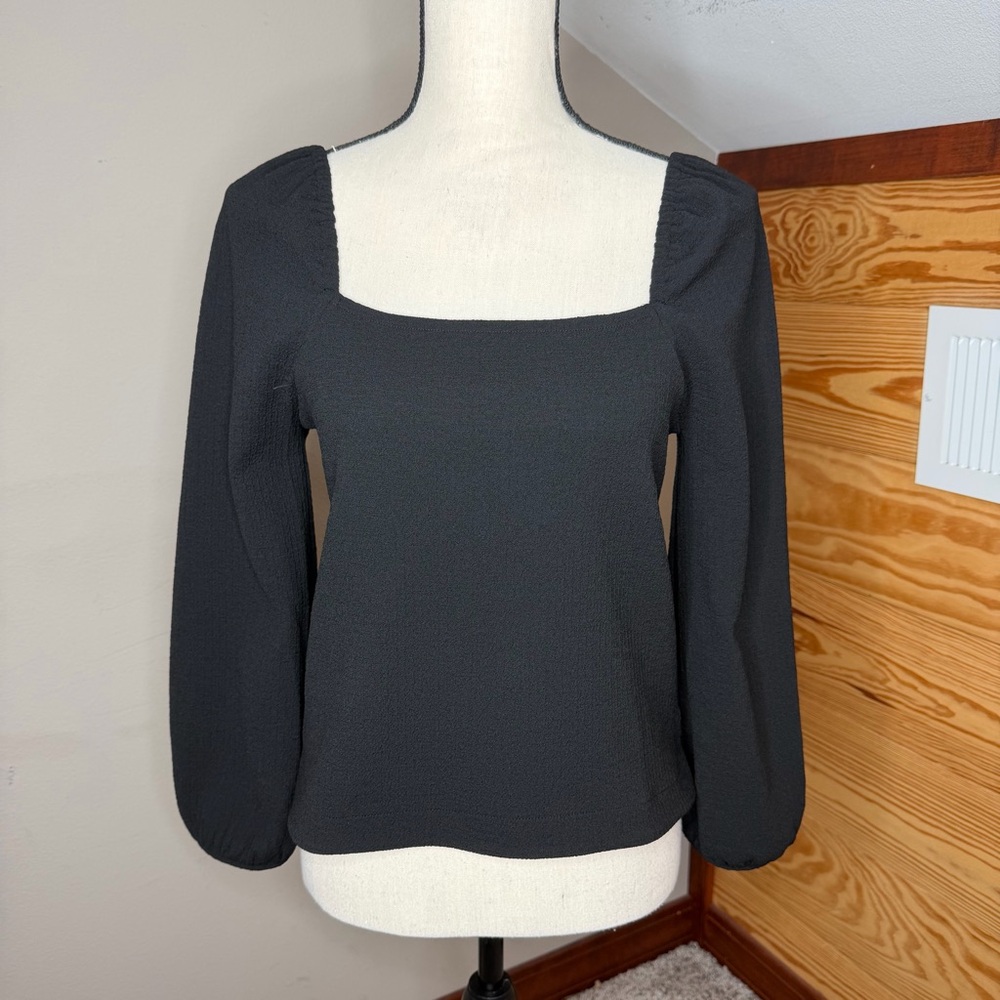 Madewell Crepe Square Neck Puff Sleeve Top True Black Extra Small XS AI514 - Picture 2 of 9